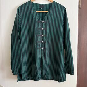 90s Vintage Silk House | Green and Black Striped Asian inspired Top | Medium